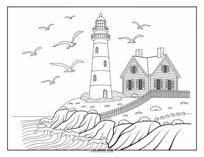 Coloriage de Floride pour adultes : Un phare s'élève au-dessus d'un rivage rocheux avec des mouettes planant dans un ciel venteux