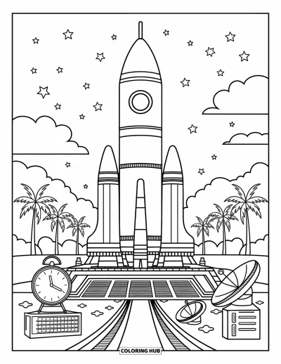 Coloriage de Floride pour adultes : Une fusée se dresse sur sa rampe avec des étoiles scintillant au-dessus des palmiers