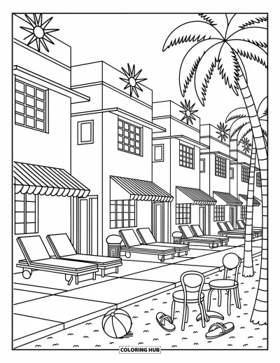 Coloriage de Floride pour adultes : Une rangée d'hôtels colorés longe South Beach avec des palmiers et un scooter