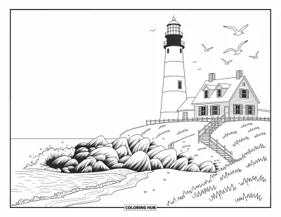 Coloriage de Floride pour adultes : Un phare rayé et un cottage douillet reposent sur une falaise rocheuse près de la mer