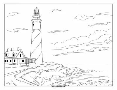 Coloriage de Floride pour adultes : Un phare rayé avec la maison du gardien est posé sur des falaises côtières au bord de la mer