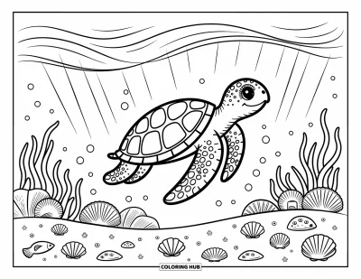 Coloriage de Floride pour adultes : Une tortue dérive sereinement au-dessus de coquillages et de coraux pendant que des bulles remontent vers la surface