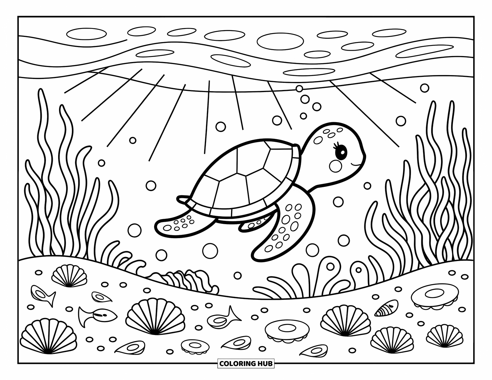 Florida Coloring Page for Adults: A turtle glides through gentle waves with seashells, coral, and playful fish below