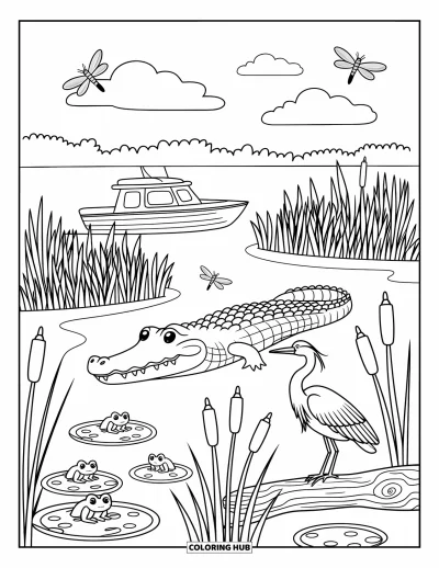 Coloriage de Floride pour adultes : Un aéroglisseur glisse dans les Everglades avec un alligator, un héron et des libellules virevoltantes