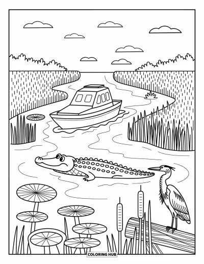 Coloriage de Floride pour adultes : Un aéroglisseur traverse les Everglades avec des grenouilles, des libellules et un héron au repos
