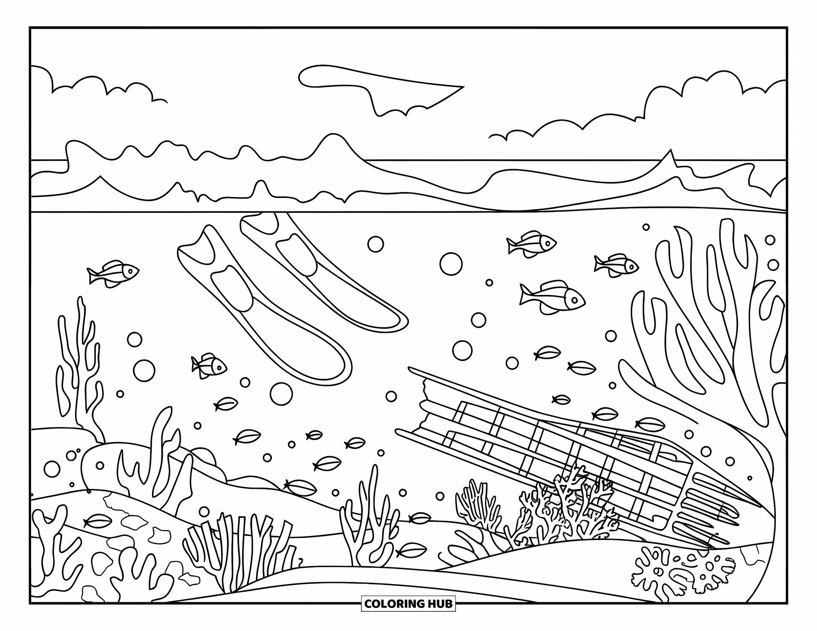 Florida Coloring Page for Adults: Fish swim around corals and a shipwreck with snorkeling fins above the water