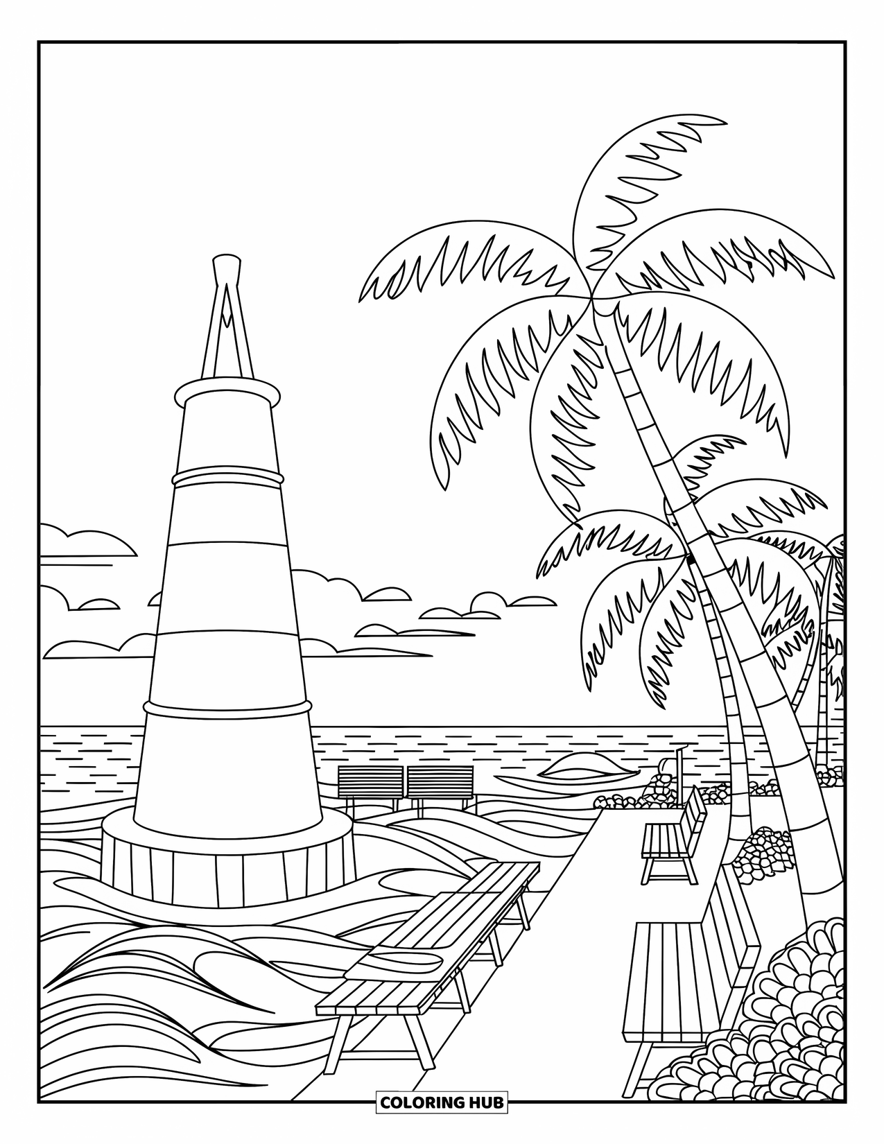 Florida Coloring Page for Adults: Key West's buoy sits by the ocean with palm trees, dock, and benches