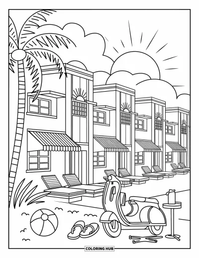 Coloriage de Floride pour adultes : Les hôtels de South Beach brillent avec des palmiers, des chaises longues et des détails de plage animés