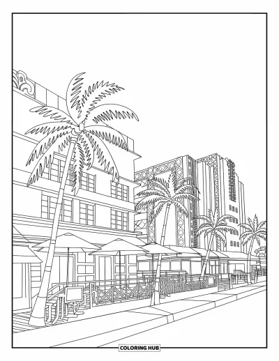 Coloriage de Floride pour adultes : La vue sur South Beach montre des bâtiments Art déco, des palmiers et des parasols