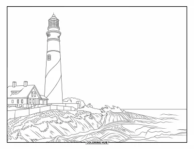 Coloriage de Floride pour adultes : Le phare de St. Augustine se dresse sur des falaises avec des vagues se brisant en contrebas