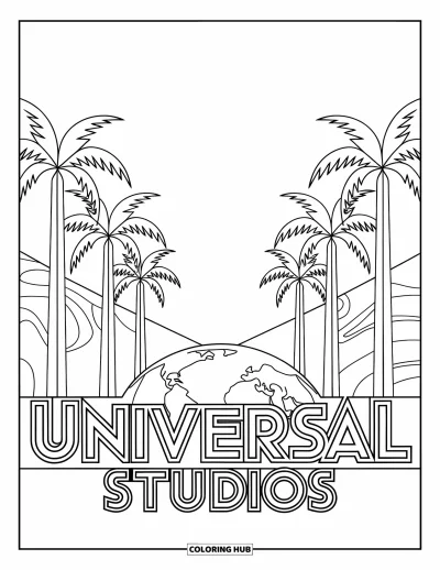 Coloriage de Floride pour adultes : La grande arche d'Universal Studios Florida est ornée de palmiers et d'un globe