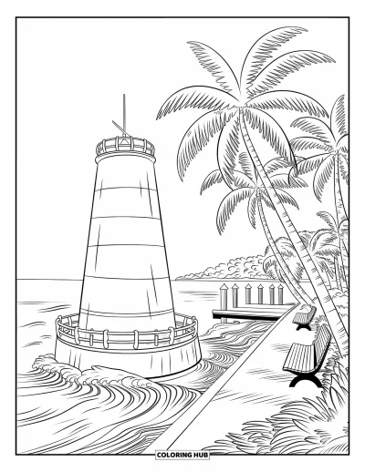 Coloriage de Floride pour adultes : La bouée du point le plus au sud est entourée de vagues, d'un ponton et de bancs