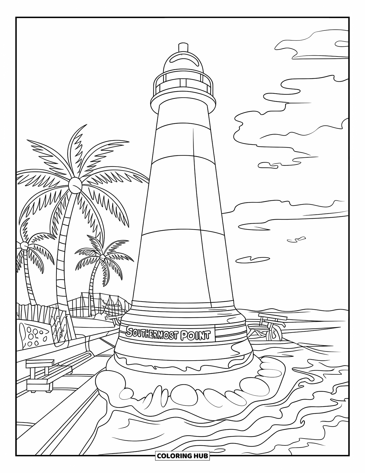 Florida Coloring Page for Adults: The Southernmost Point Buoy stands near waves, a dock, and palm trees