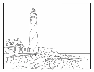 Coloriage de Floride pour adultes : Le phare rayé de St. Augustine domine les falaises, un cottage et les vagues de l'océan