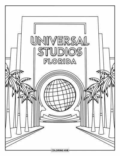 Coloriage de Floride pour adultes : L'arche d'Universal Studios se dresse avec des palmiers et son globe emblématique