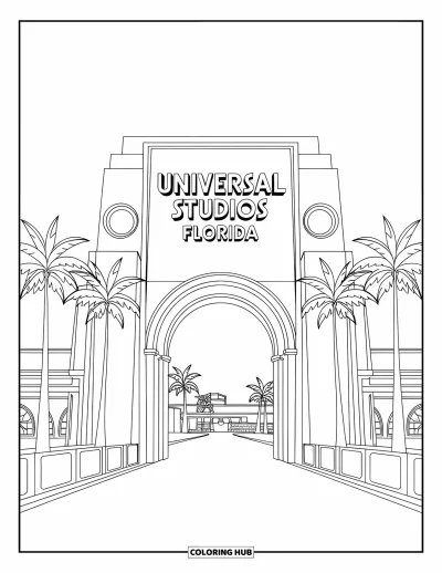 Coloriage de Floride pour adultes : L'arche d'Universal Studios s'élève avec ses inscriptions, des palmiers et un globe