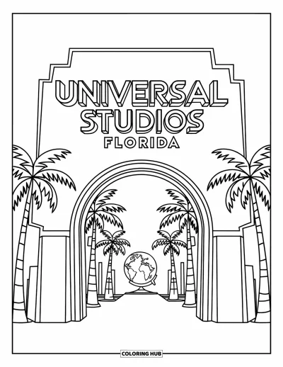 Coloriage de Floride pour adultes : L'arche d'Universal Studios Florida se dresse avec des palmiers et un globe tournant