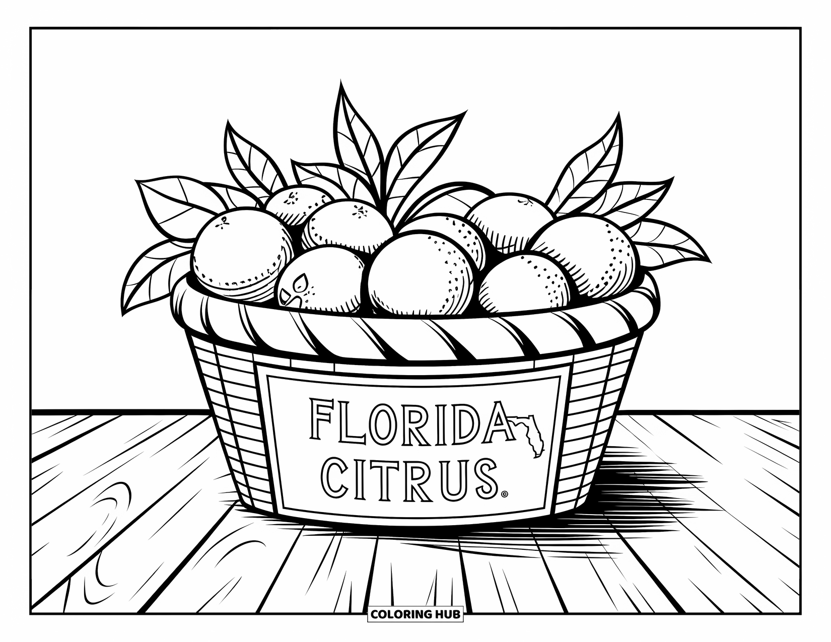 Florida Coloring Page for Kids: A basket of citrus fruits labeled "Florida Citrus" on wood