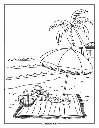 Coloriage de Floride pour enfants : Un pique-nique sur la plage avec une couverture, un panier, un parasol et des vagues