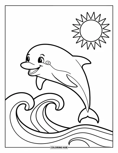 Coloriage de Floride pour enfants : Un dauphin joyeux saute par-dessus les vagues sous le soleil