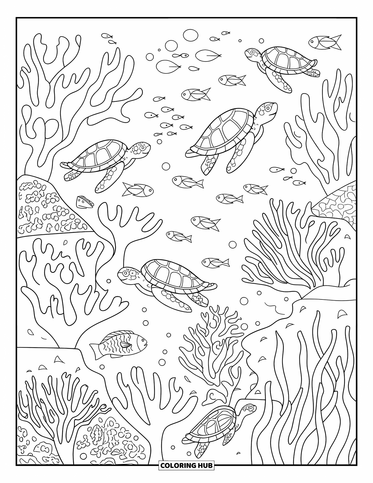 Florida Coloring Page for Kids: A coral reef filled with fish, turtles, and wavy plants