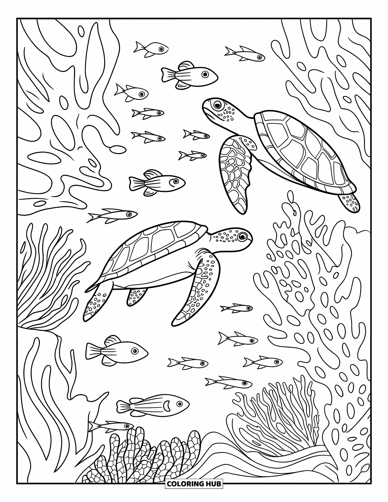 Florida Coloring Page for Kids: A coral reef with sea turtles, fish, and waving underwater plants