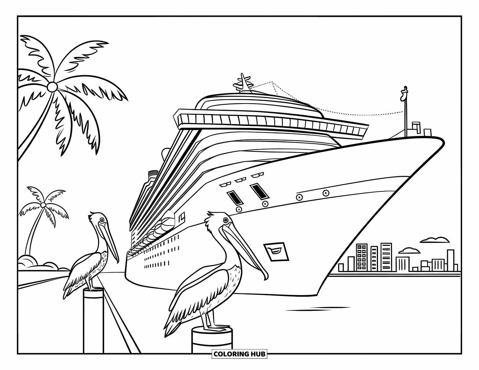 Florida Coloring Page for Kids: A cruise ship docks near a pier with pelicans and palm trees