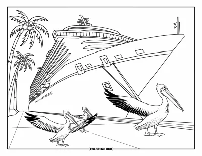 Coloriage de Floride pour enfants : Un paquebot accoste avec des pélicans à proximité et des palmiers en arrière-plan