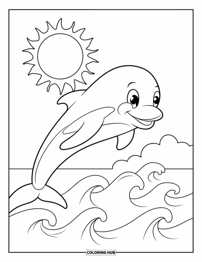 Coloriage de Floride pour enfants : Un dauphin au grand sourire saute par-dessus les vagues sous le soleil