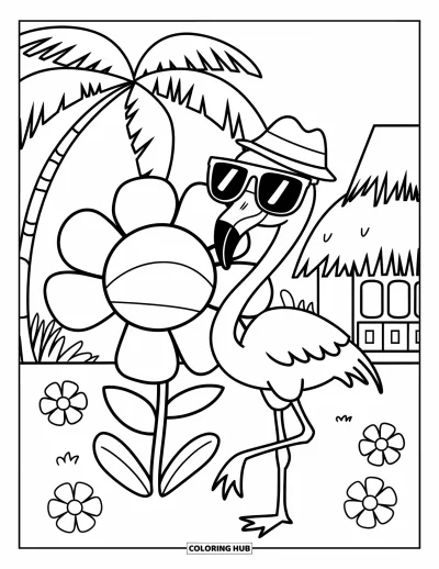 Coloriage de Floride pour enfants : Un flamant rose avec un chapeau et des lunettes de soleil se tient parmi des fleurs