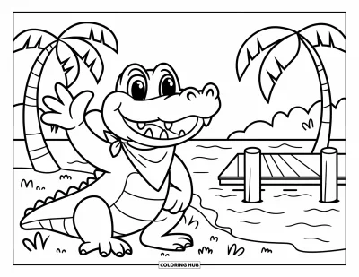 Coloriage de Floride pour enfants : Un alligator souriant avec un bandana fait signe près de palmiers