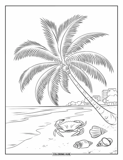Coloriage de Floride pour enfants : Un palmier sur la plage avec un crabe et des coquillages