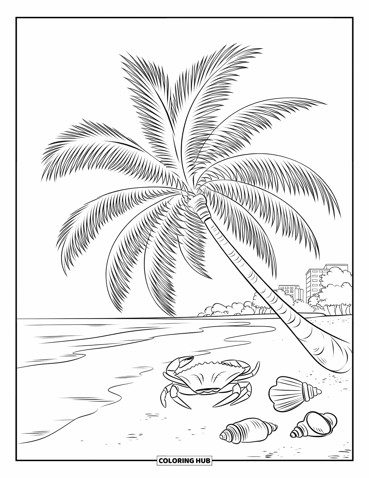 Florida Coloring Page for Kids: A palm tree by the beach with a crab and shells