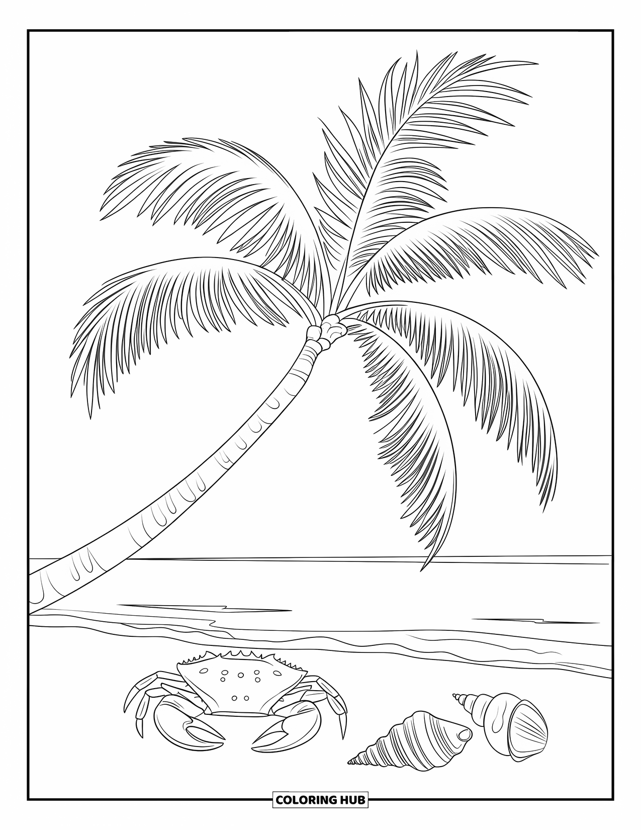 Florida Coloring Page for Kids: A palm tree stands on the beach with a crab and shells