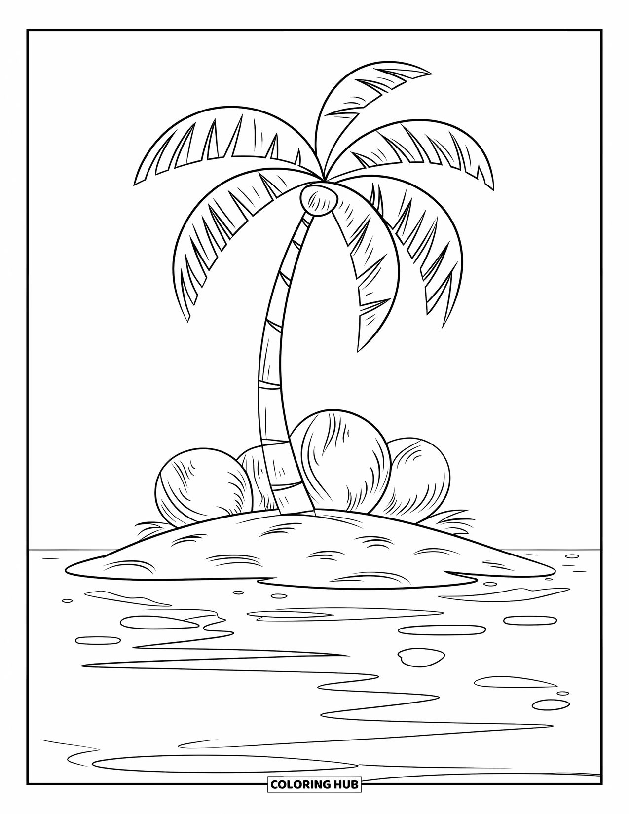 Florida Coloring Page for Kids: A palm tree with coconuts grows on a sandy island