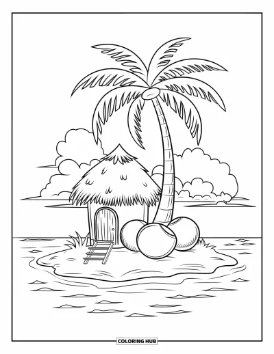 Coloriage de Floride pour enfants : Un palmier avec des noix de coco se dresse près d'une cabane et d'une échelle