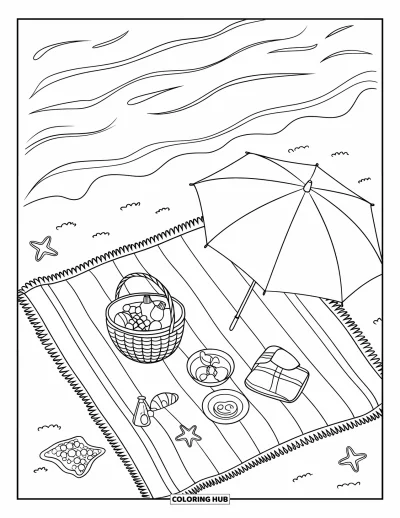 Coloriage de Floride pour enfants : Une scène de pique-nique avec de la nourriture, un parasol et des vagues sur la plage