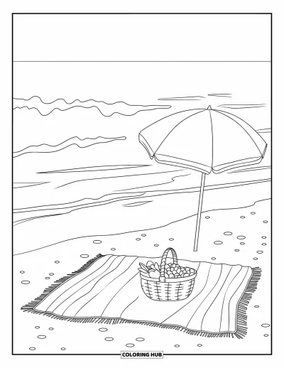 Coloriage de Floride pour enfants : Une scène de pique-nique sur le sable avec de la nourriture et des vagues à proximité