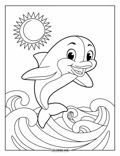 Coloriage de Floride pour enfants : Un dauphin espiègle bondit haut au-dessus des vagues sous le soleil