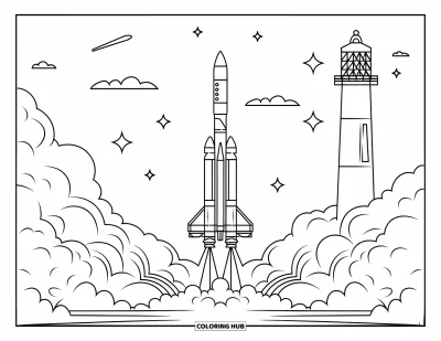Coloriage de Floride pour enfants : Une fusée décolle de Cap Canaveral avec des nuages et des étoiles