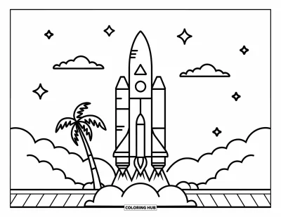 Coloriage de Floride pour enfants : Une fusée décolle avec des nuages, des étoiles et un palmier