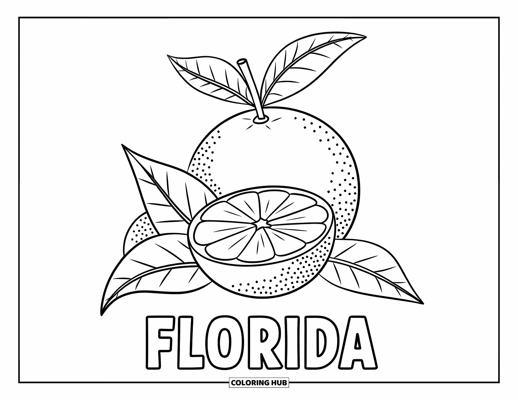 Florida Coloring Page for Kids: A sliced orange with leaves above the word "Florida"