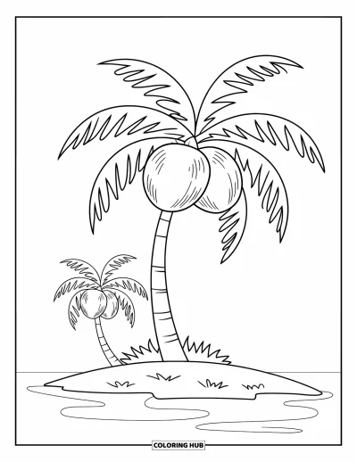 Coloriage de Floride pour enfants : Un grand palmier sur une île avec des noix de coco au sommet