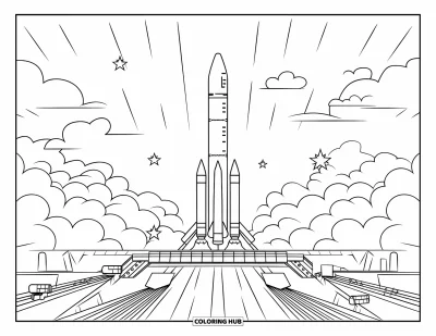 Coloriage de Floride pour enfants : Lancement de fusée à Cap Canaveral avec des nuages, des étoiles et des structures de support