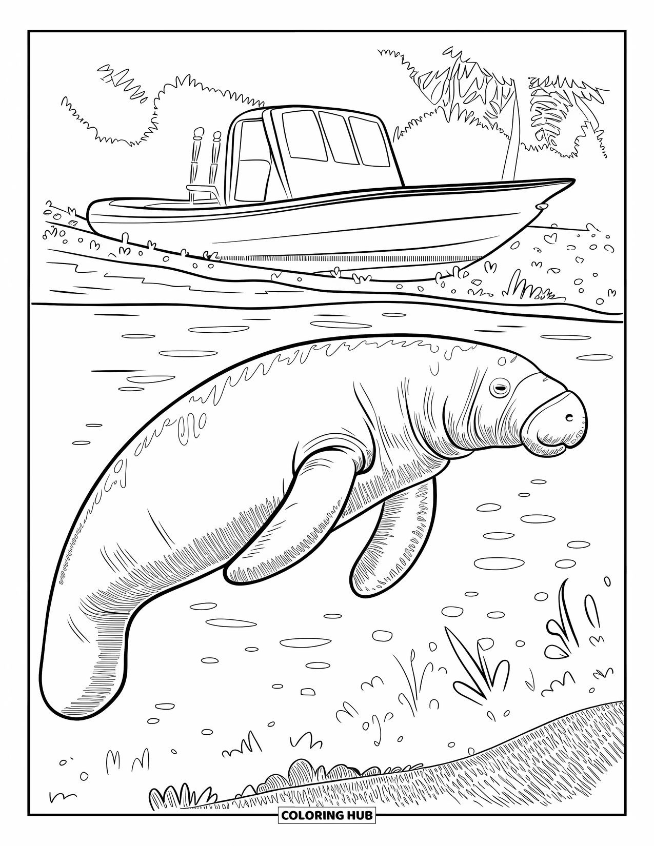 Florida Coloring Page for Kids: Manatees glide beneath a boat in crystal-clear Florida springs