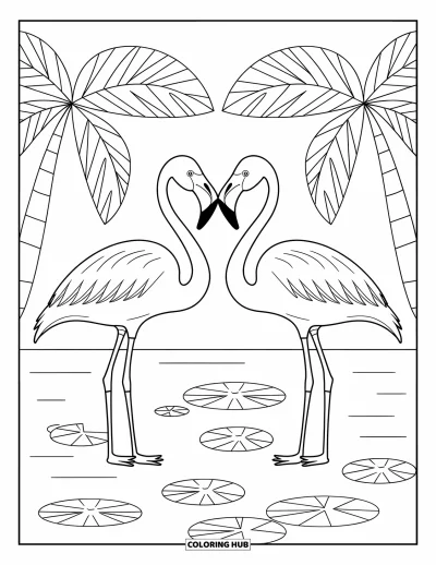 Coloriage de Floride pour enfants : Deux flamants roses se font face près d'un étang avec des nénuphars