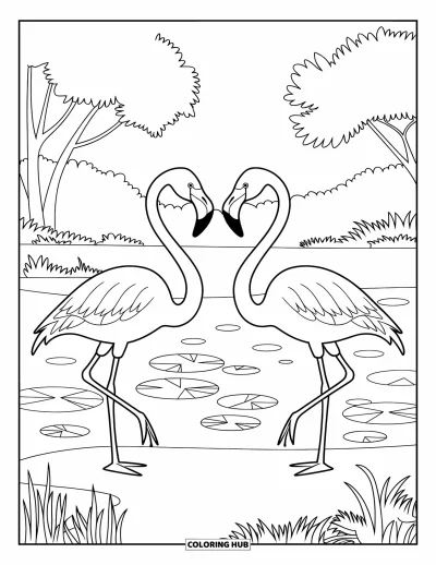 Coloriage de Floride pour enfants : Deux flamants roses se tiennent près d'un étang avec des nénuphars et des herbes