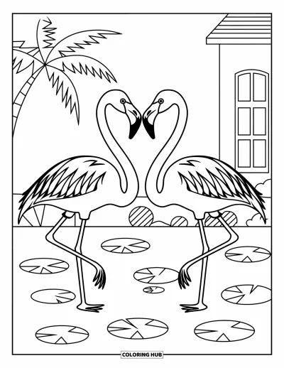 Coloriage de Floride pour enfants : Deux flamants roses se tiennent près de nénuphars avec un palmier à proximité