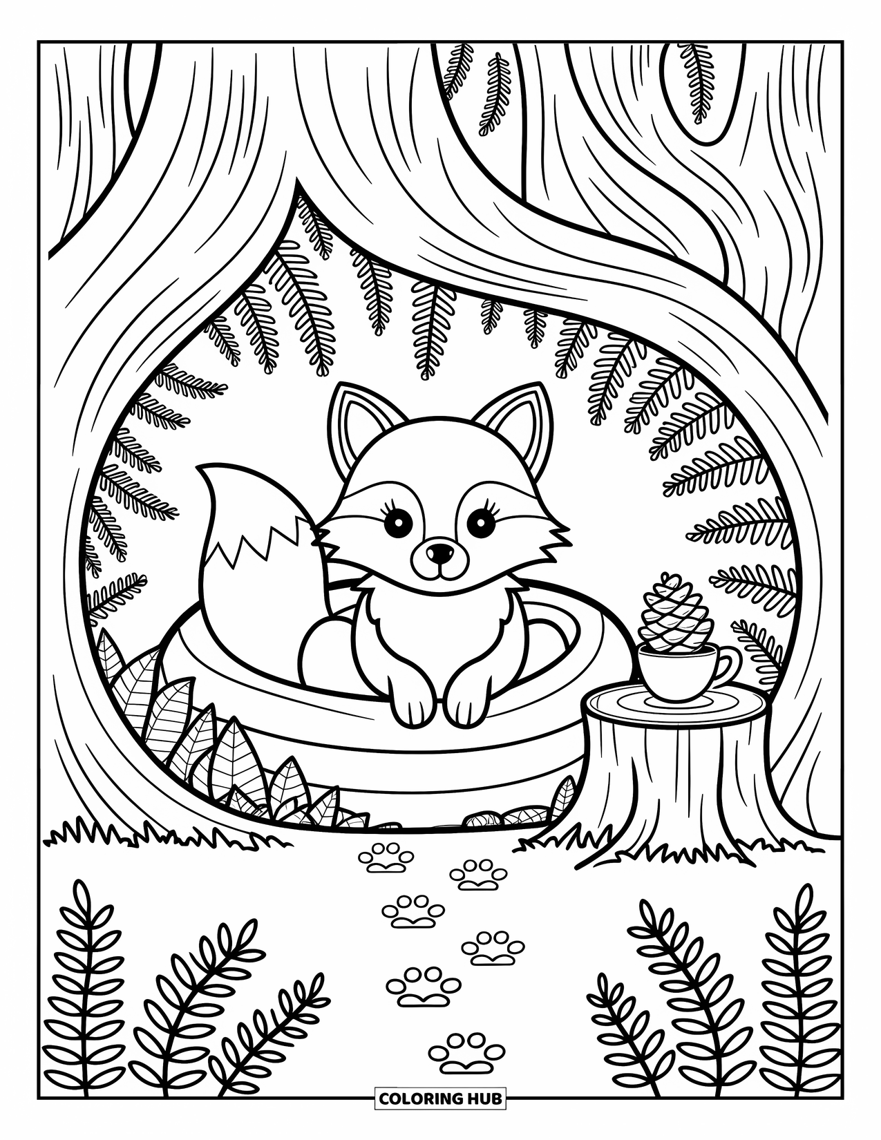 Forest Animals Coloring Page for Adults: A fox resting in a warm woodland burrow framed by roots and moss
