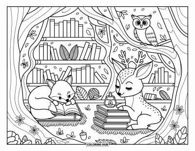 Desen de colorat cu animale din pădure pentru adulți: O bibliotecă din pădure cu o vulpe, un cerb și o bufniță printre cărți și felinare